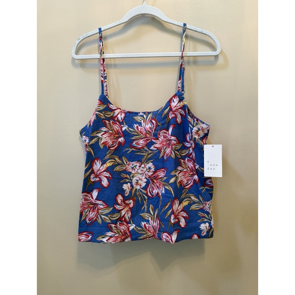 A New Day Women's Resort Linen Blue Floral Print Cami Tank Top Sz L NWT